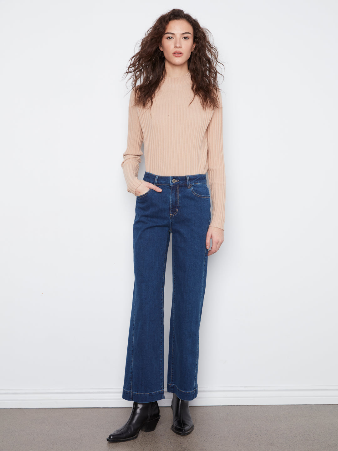 Wide Leg Stretch Denim Pants With Side Panel