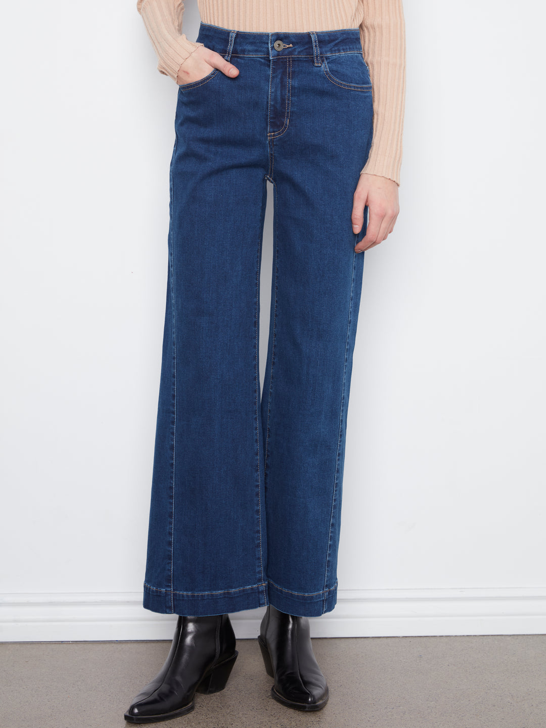 Wide Leg Stretch Denim Pants With Side Panel