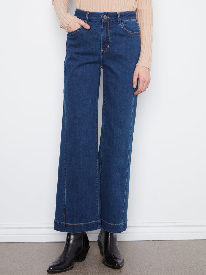 Wide Leg Stretch Denim Pants With Side Panel