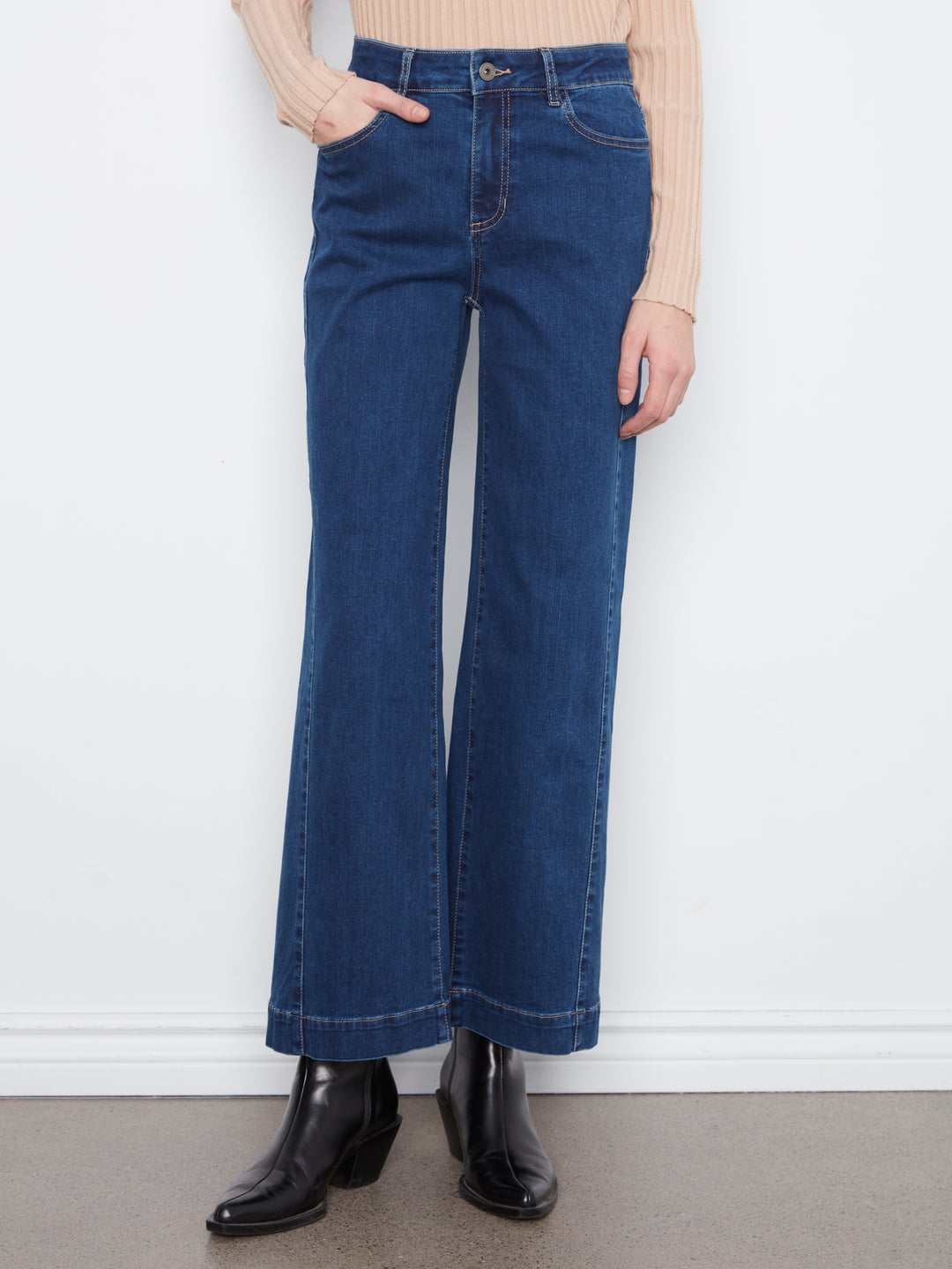 Wide Leg Stretch Denim Pants With Side Panel