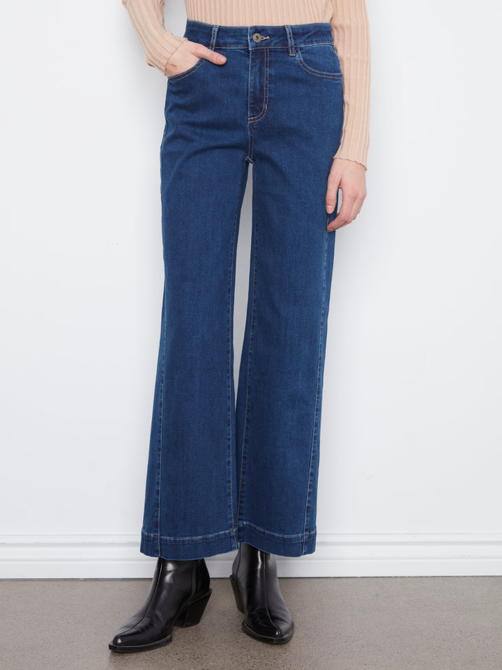 Wide Leg Stretch Denim Pants With Side Panel