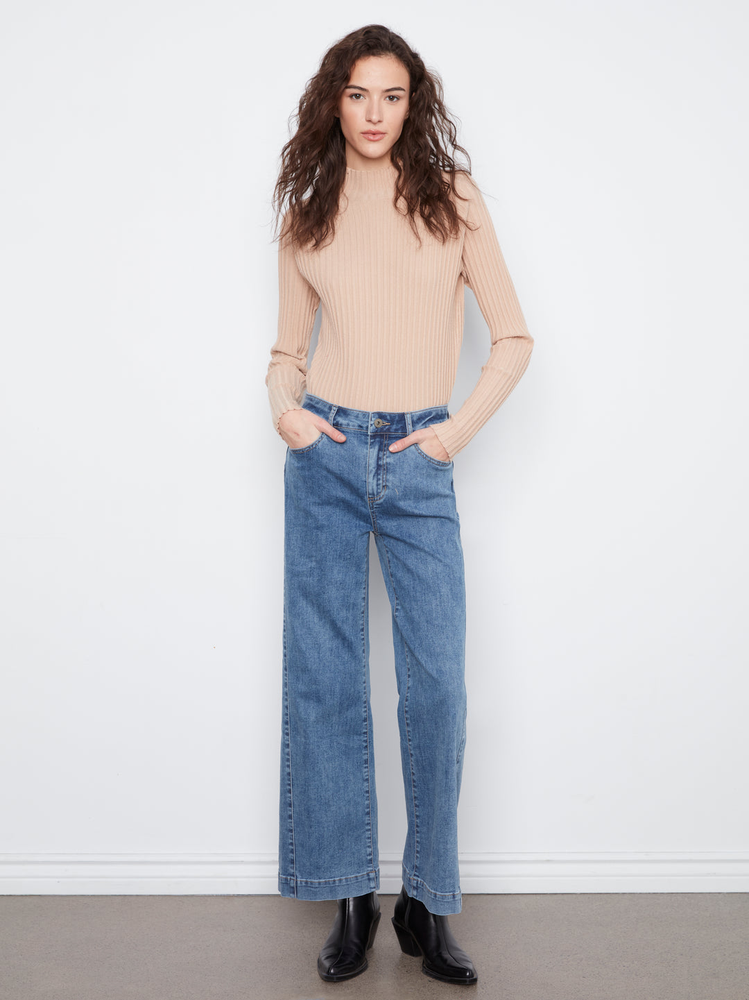 Wide Leg Stretch Denim Pants With Side Panel