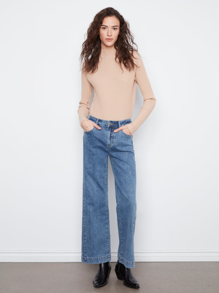 Wide Leg Stretch Denim Pants With Side Panel