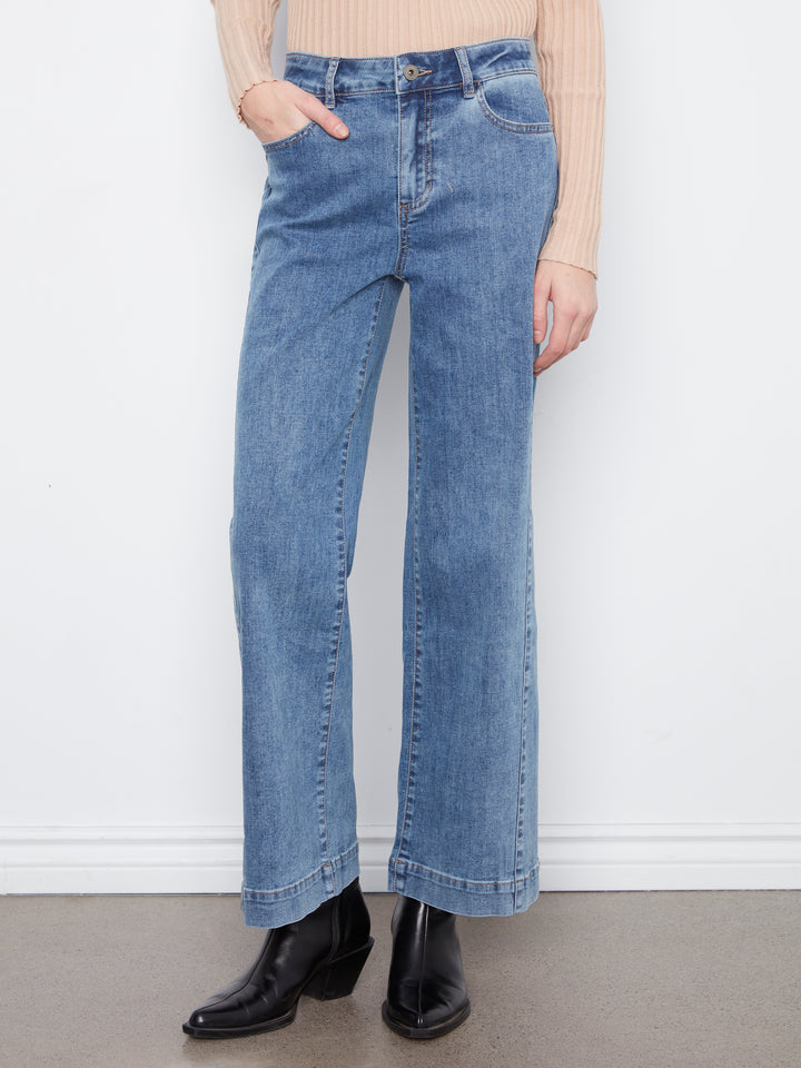 Wide Leg Stretch Denim Pants With Side Panel