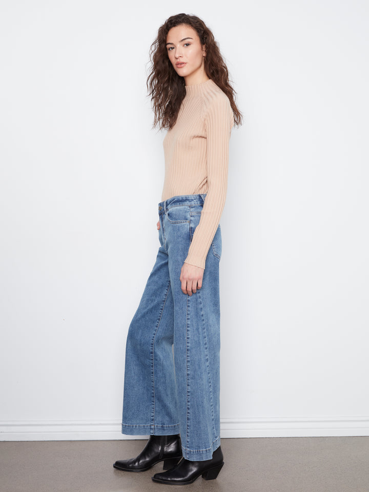 Wide Leg Stretch Denim Pants With Side Panel
