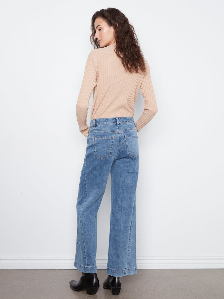 Wide Leg Stretch Denim Pants With Side Panel