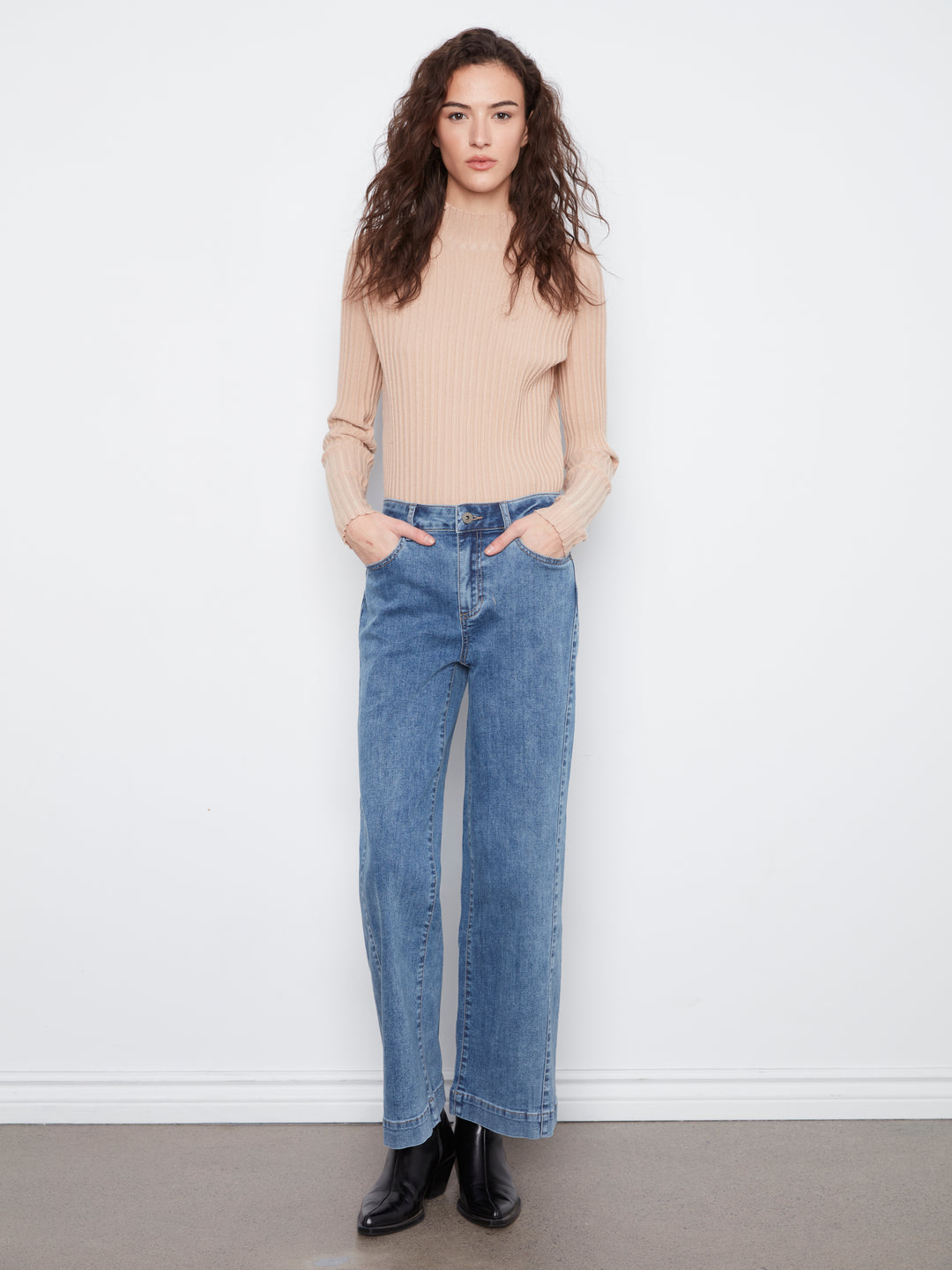 Wide Leg Stretch Denim Pants With Side Panel