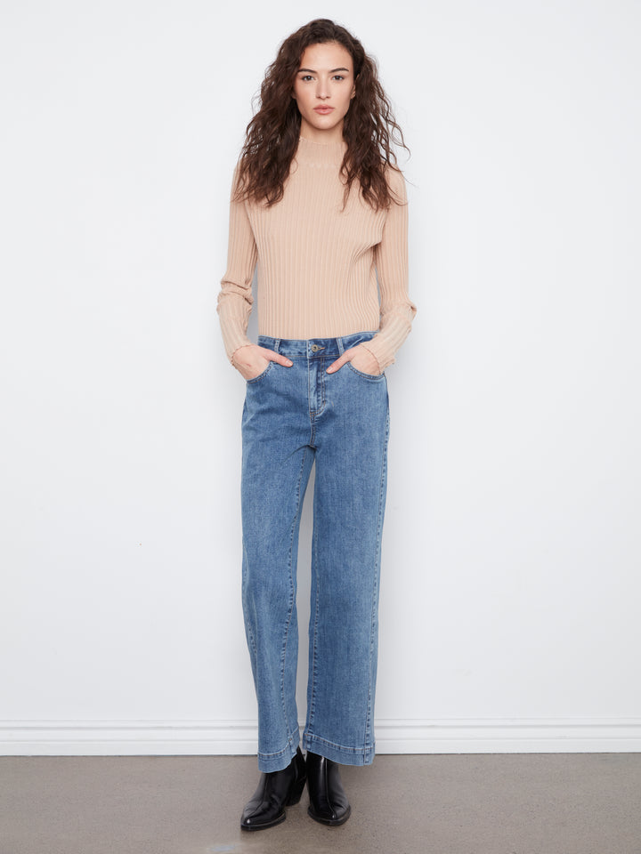 Wide Leg Stretch Denim Pants With Side Panel