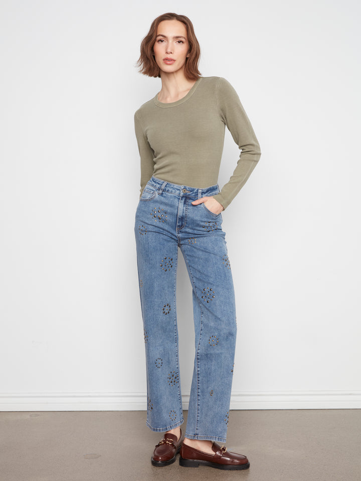 Wide Leg Jeans With Studs Pattern at Front