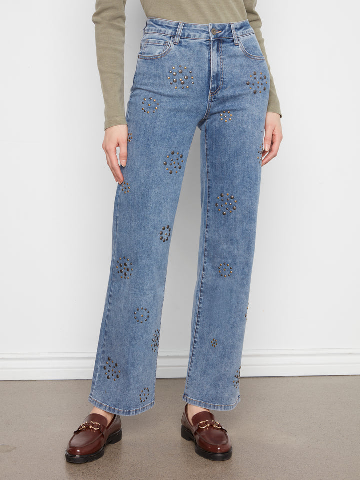 Wide Leg Jeans With Studs Pattern at Front