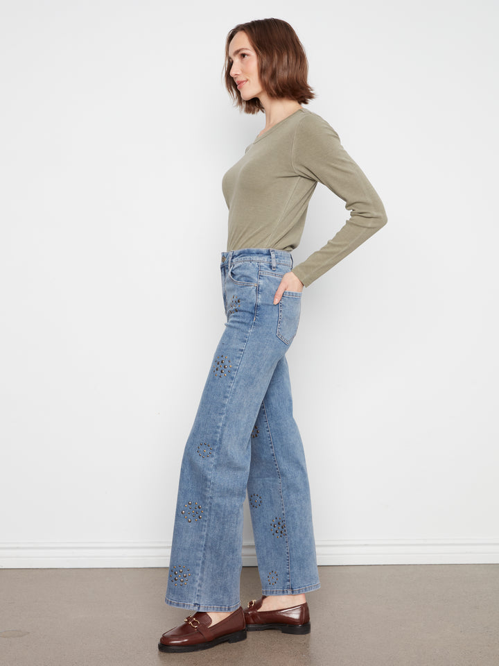 Wide Leg Jeans With Studs Pattern at Front