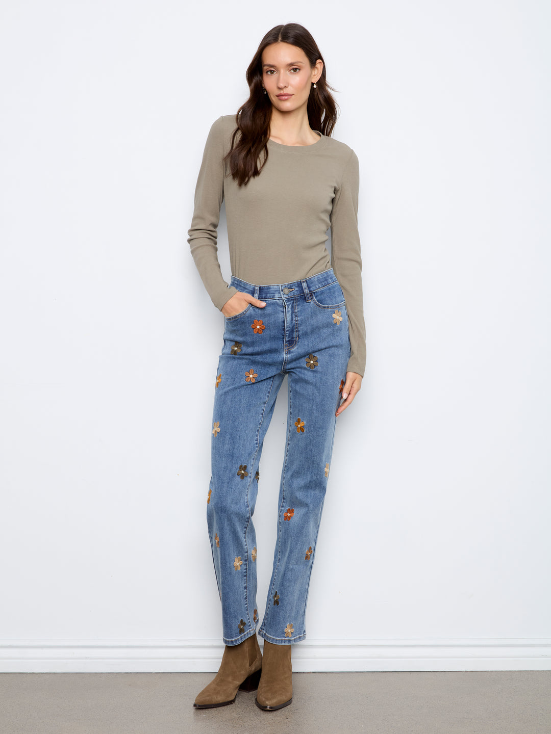 Straight Leg Floral Embroidered Pants With Elastic Inside Waist