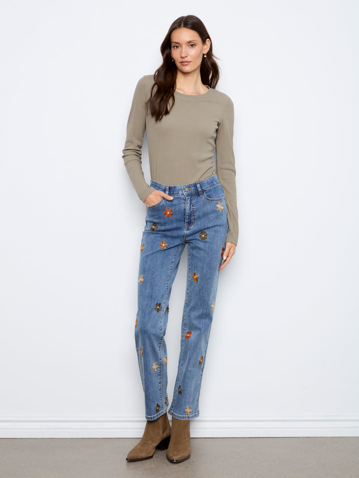 Straight Leg Floral Embroidered Pants With Elastic Inside Waist