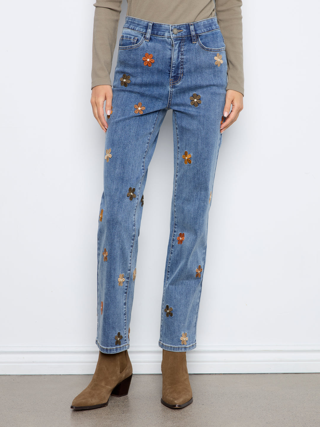 Straight Leg Floral Embroidered Pants With Elastic Inside Waist