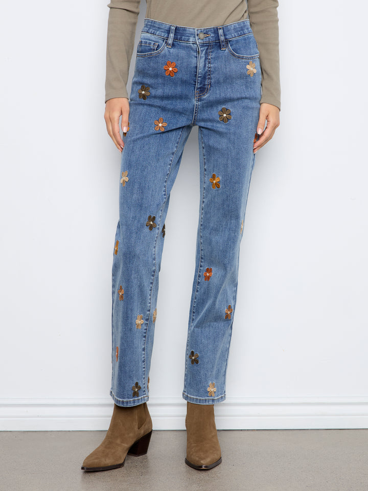 Straight Leg Floral Embroidered Pants With Elastic Inside Waist
