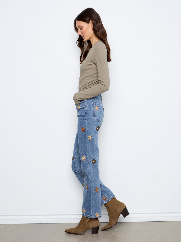 Straight Leg Floral Embroidered Pants With Elastic Inside Waist