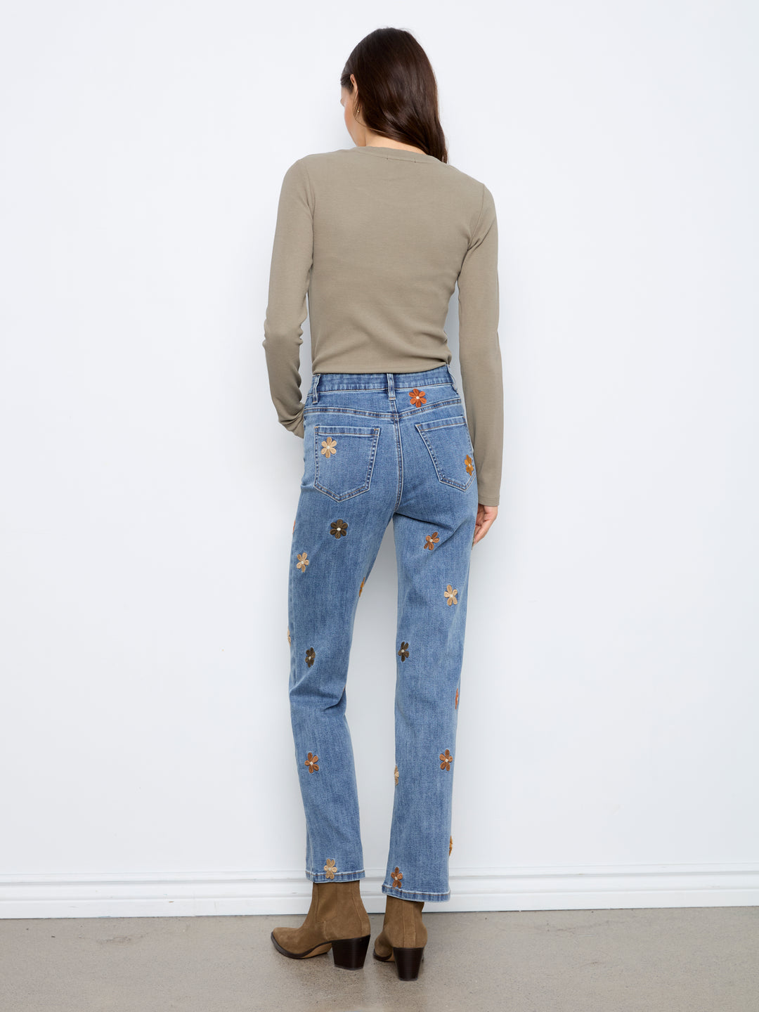Straight Leg Floral Embroidered Pants With Elastic Inside Waist