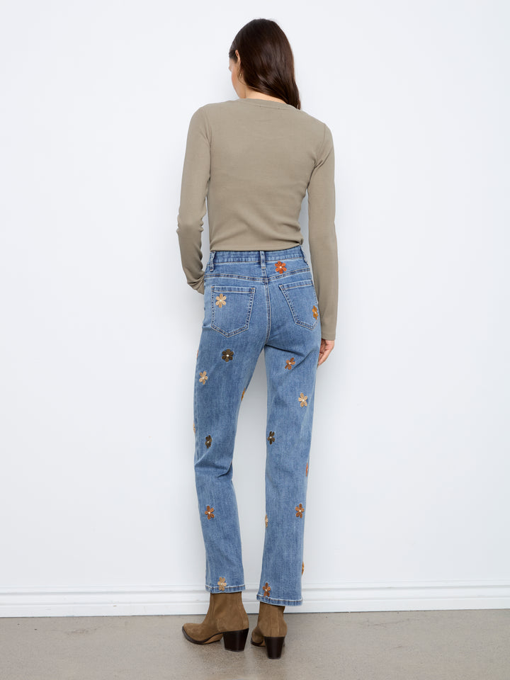 Straight Leg Floral Embroidered Pants With Elastic Inside Waist