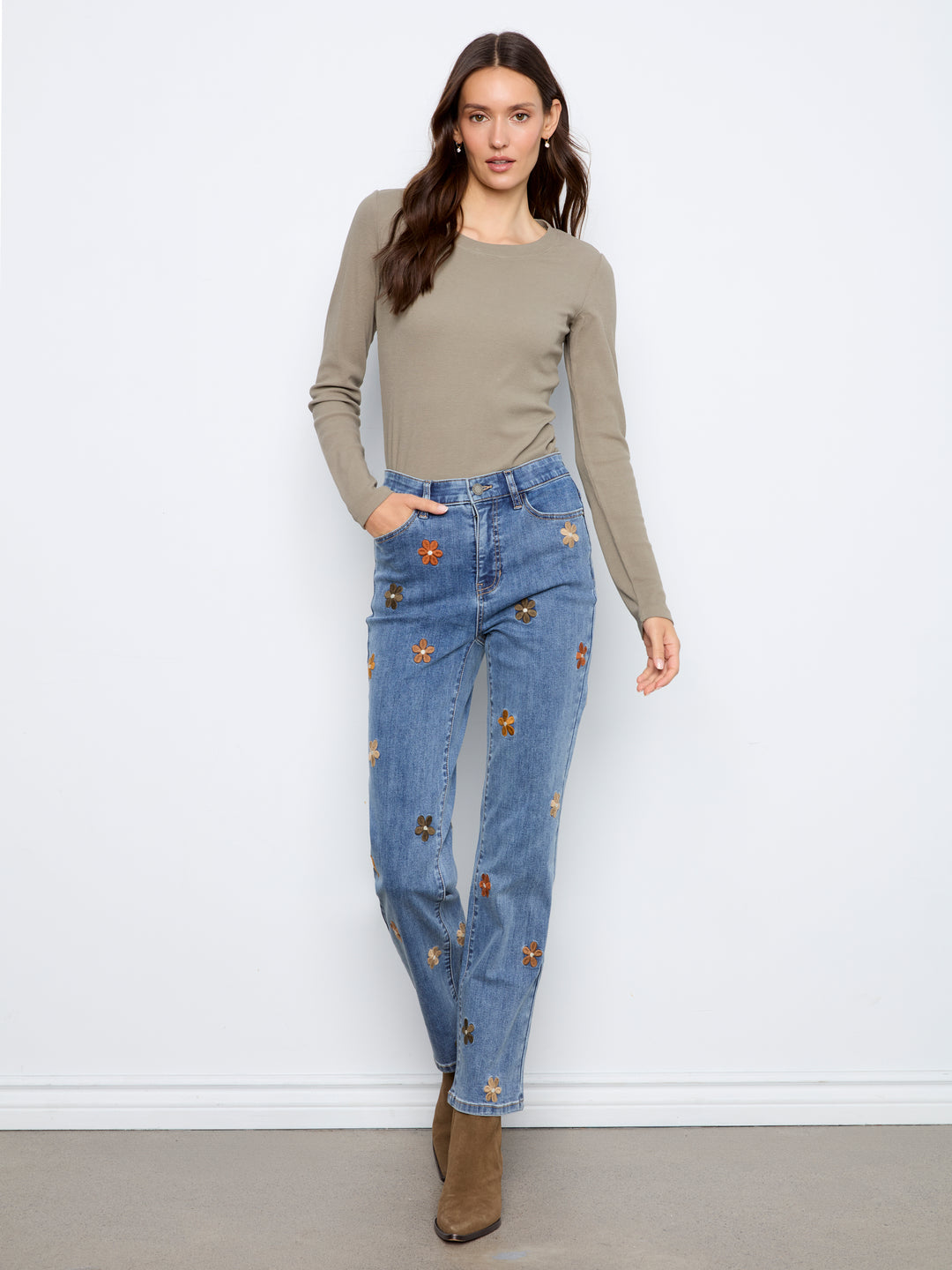 Straight Leg Floral Embroidered Pants With Elastic Inside Waist