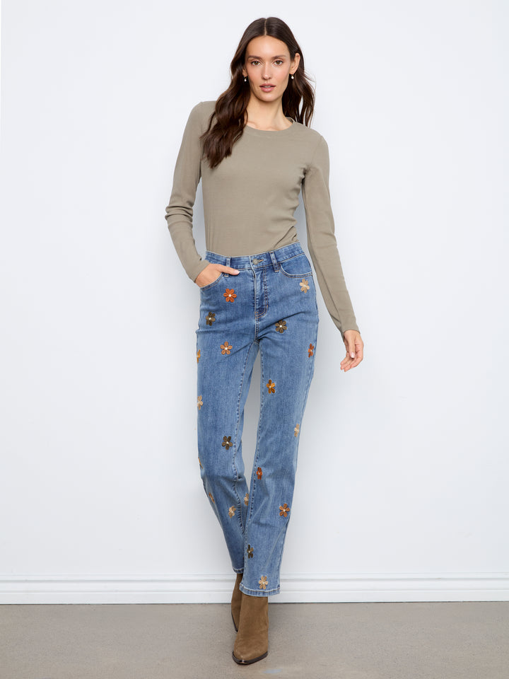 Straight Leg Floral Embroidered Pants With Elastic Inside Waist
