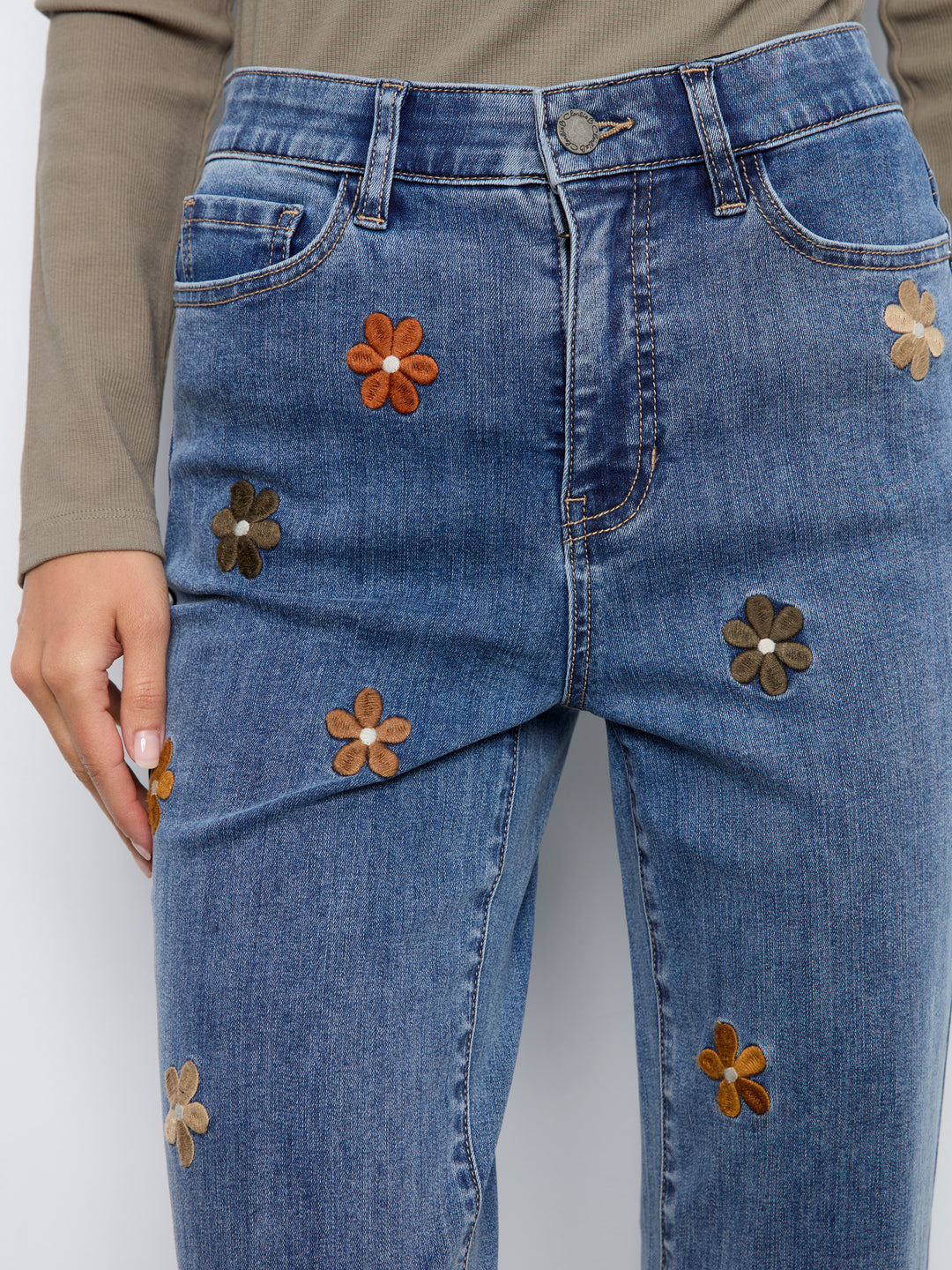 Straight Leg Floral Embroidered Pants With Elastic Inside Waist