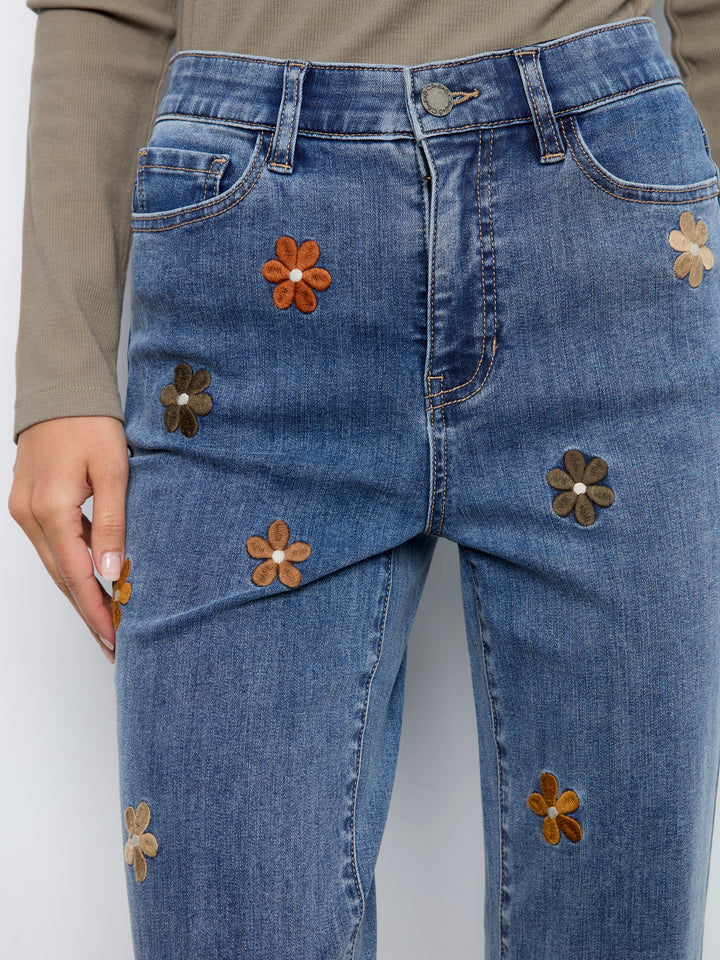 Straight Leg Floral Embroidered Pants With Elastic Inside Waist