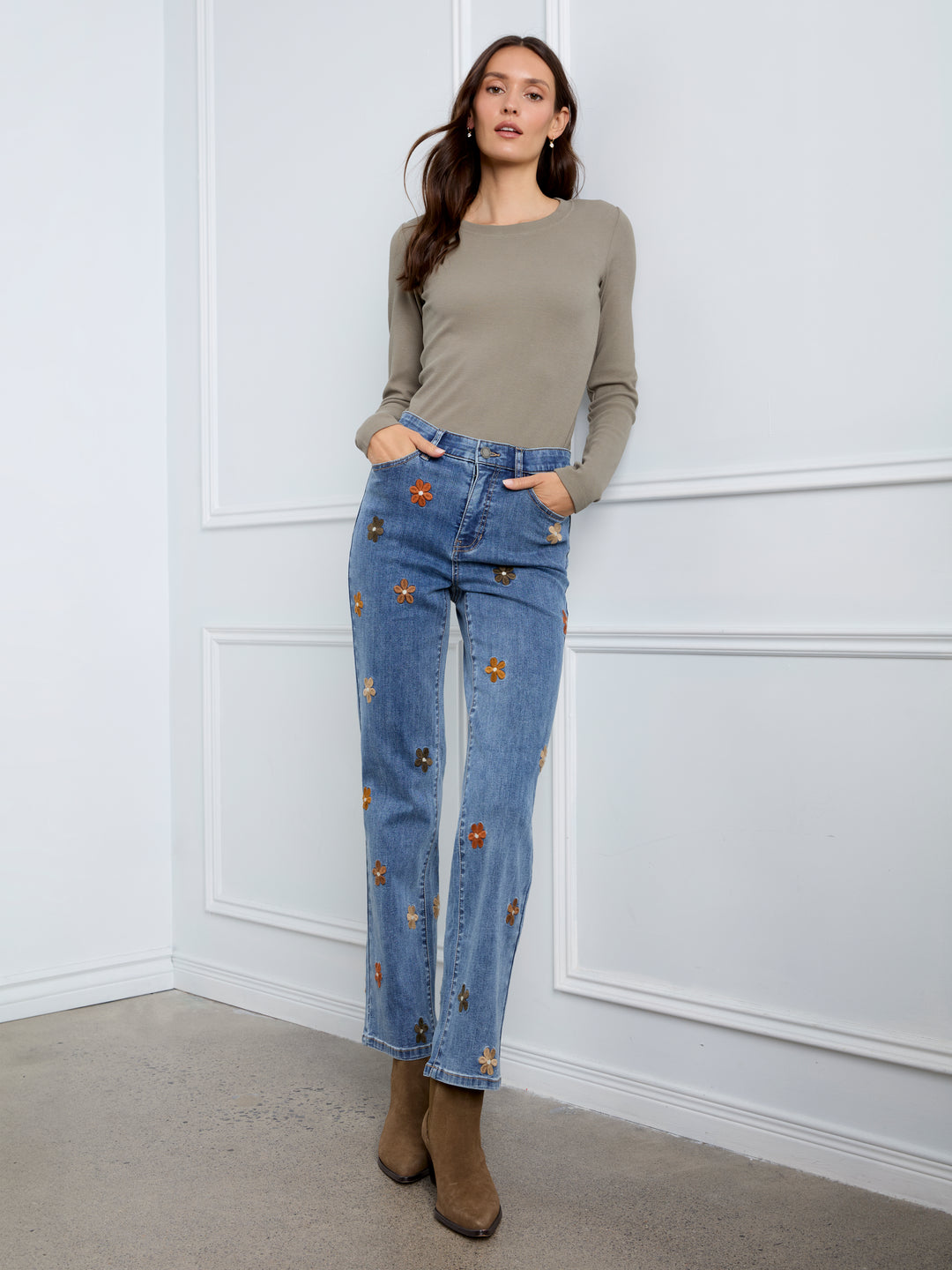 Straight Leg Floral Embroidered Pants With Elastic Inside Waist