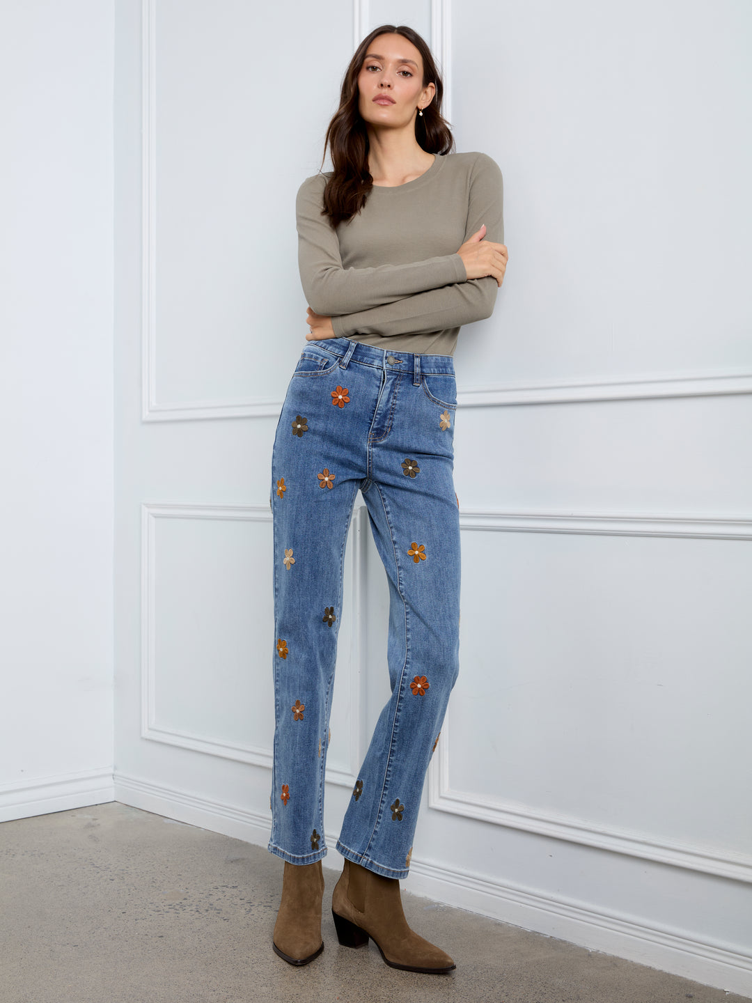 Straight Leg Floral Embroidered Pants With Elastic Inside Waist