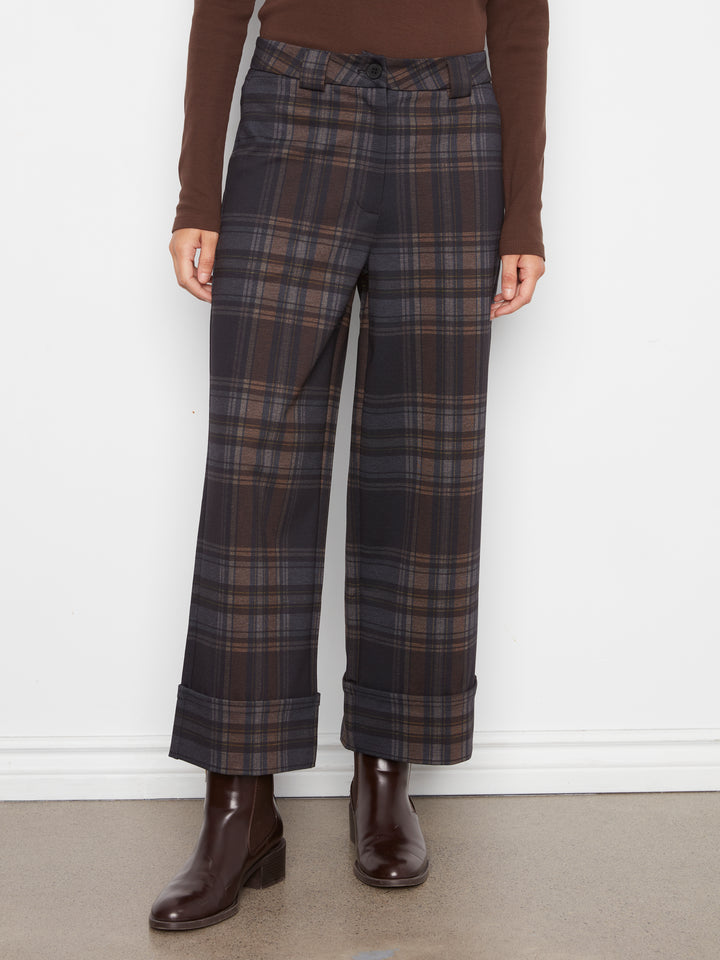 PDR Printed Plaid Wide Leg Pantg With Cuff At Hem