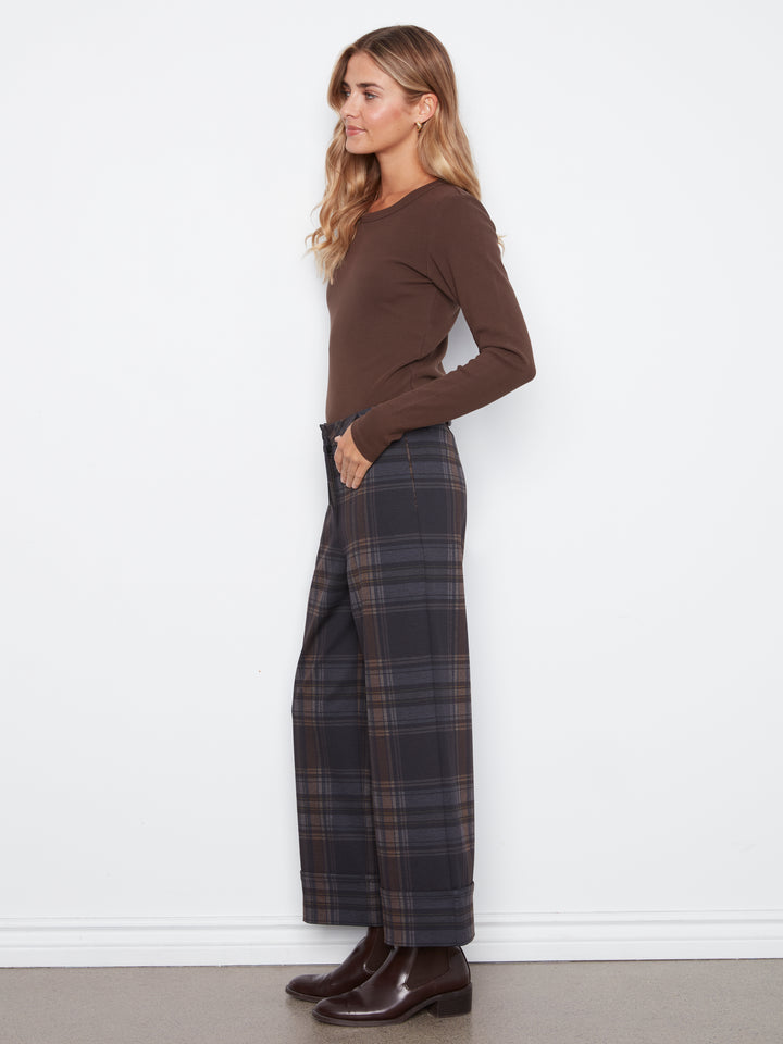 PDR Printed Plaid Wide Leg Pantg With Cuff At Hem