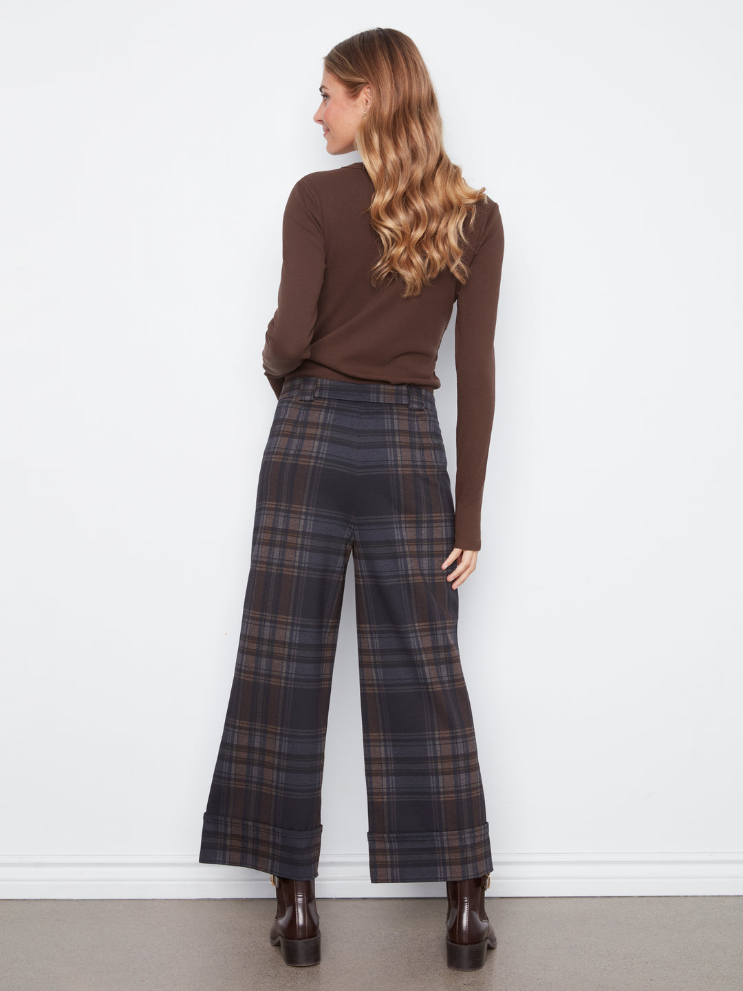 PDR Printed Plaid Wide Leg Pantg With Cuff At Hem