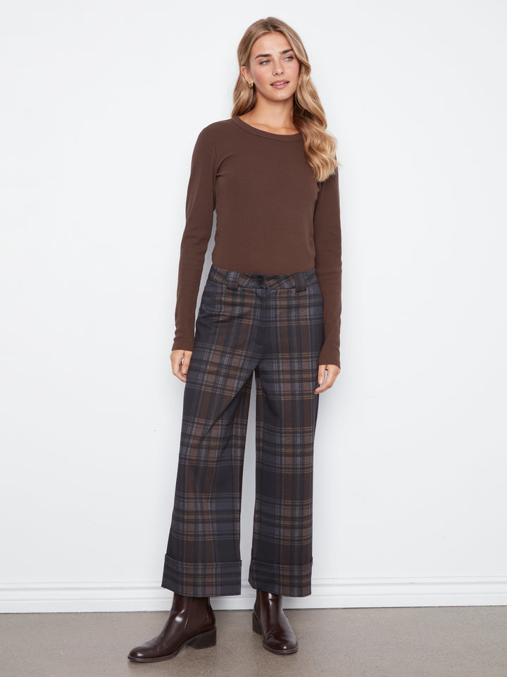 PDR Printed Plaid Wide Leg Pantg With Cuff At Hem
