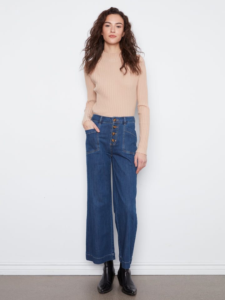 Wide Leg Button Front Pants With Patch Pockets