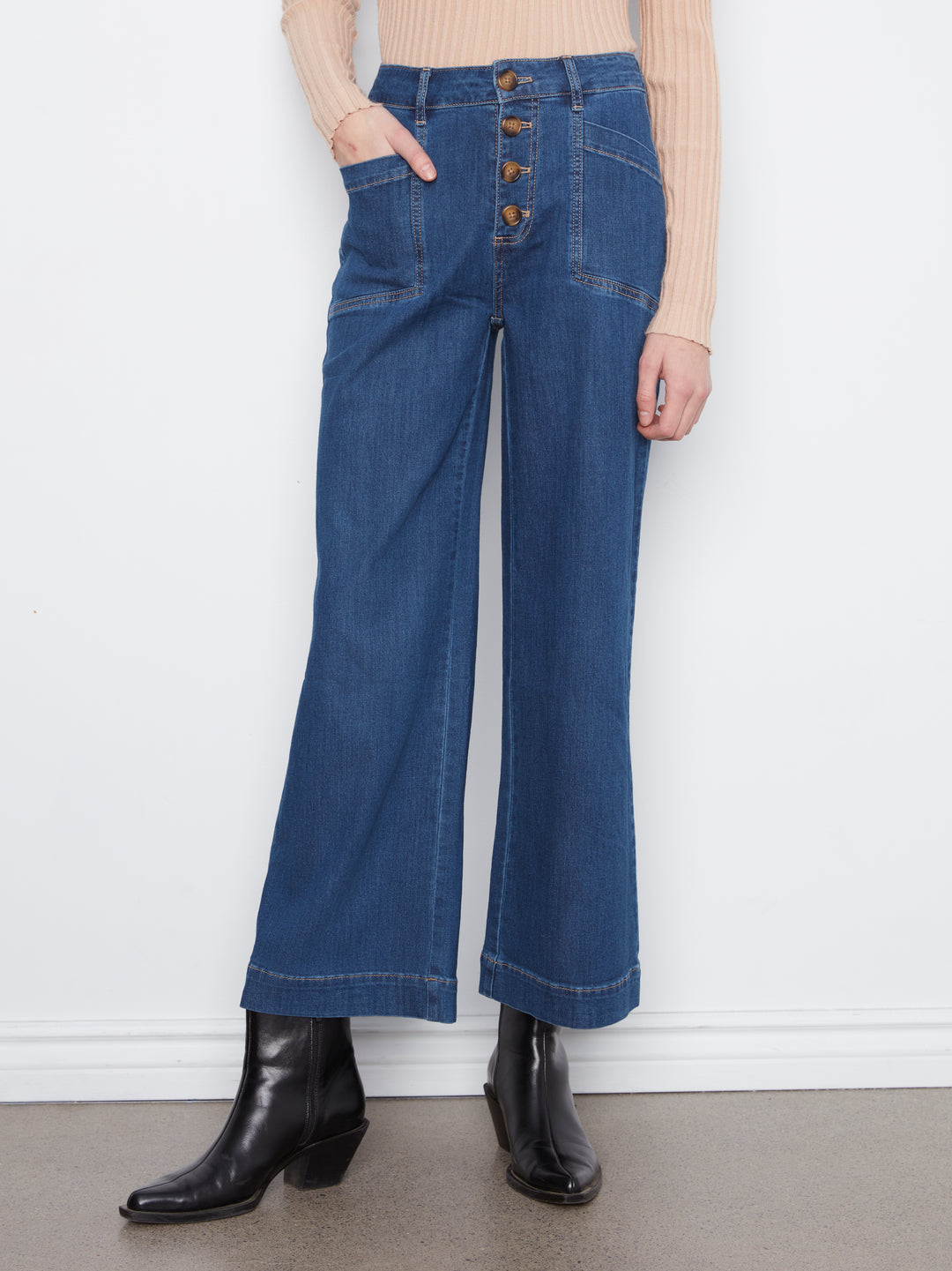 Wide Leg Button Front Pants With Patch Pockets