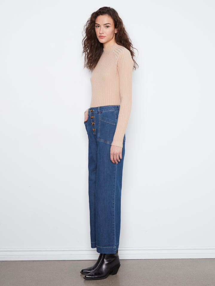 Wide Leg Button Front Pants With Patch Pockets