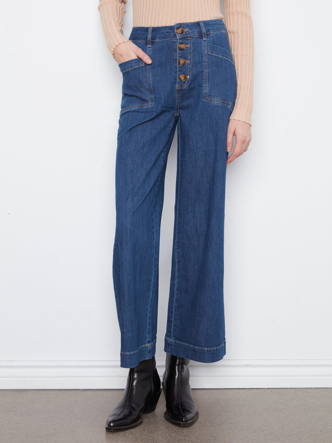 Wide Leg Button Front Pants With Patch Pockets