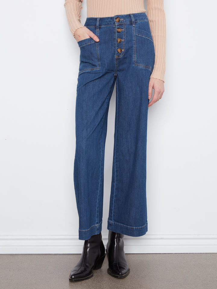 Wide Leg Button Front Pants With Patch Pockets