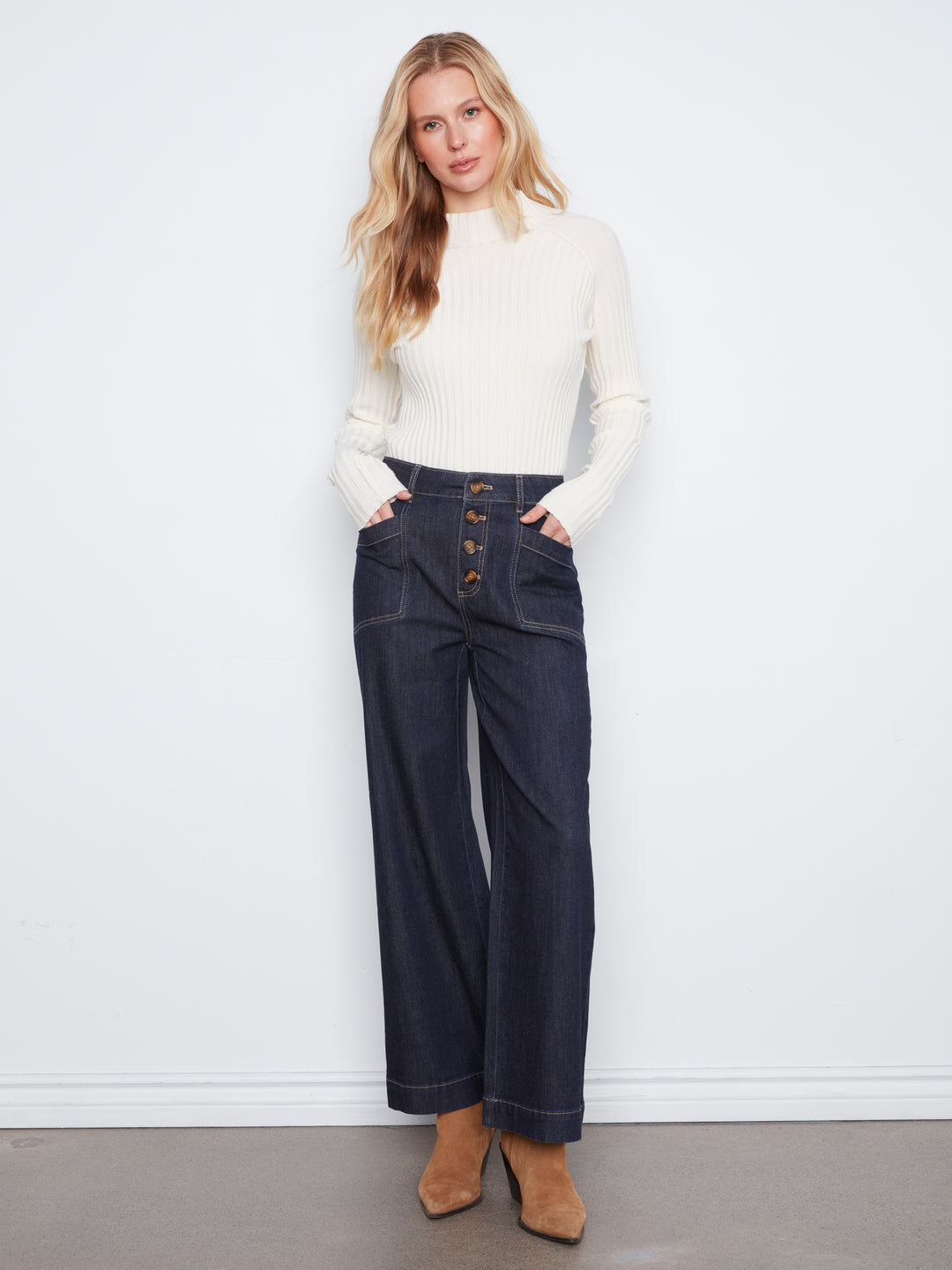 Wide Leg Button Front Pants With Patch Pockets