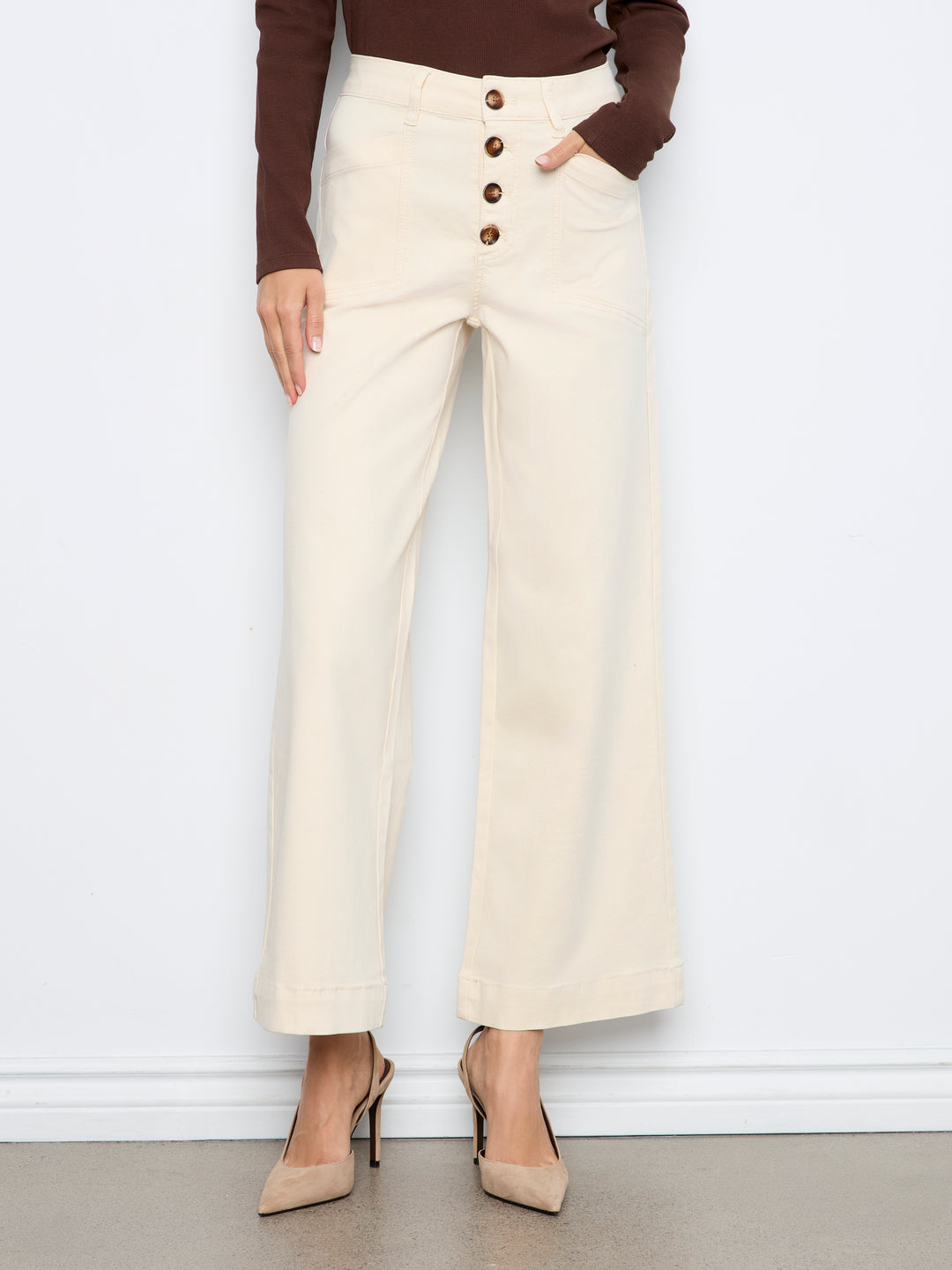 Wide Leg Button Front Pants With Patch Pockets