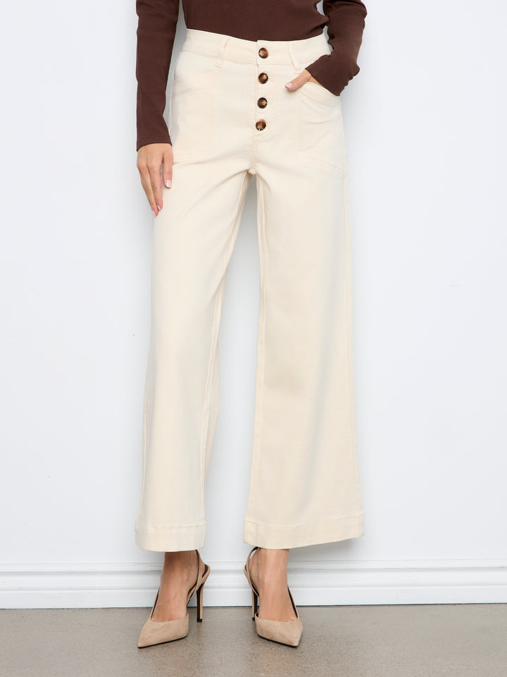 Wide Leg Button Front Pants With Patch Pockets