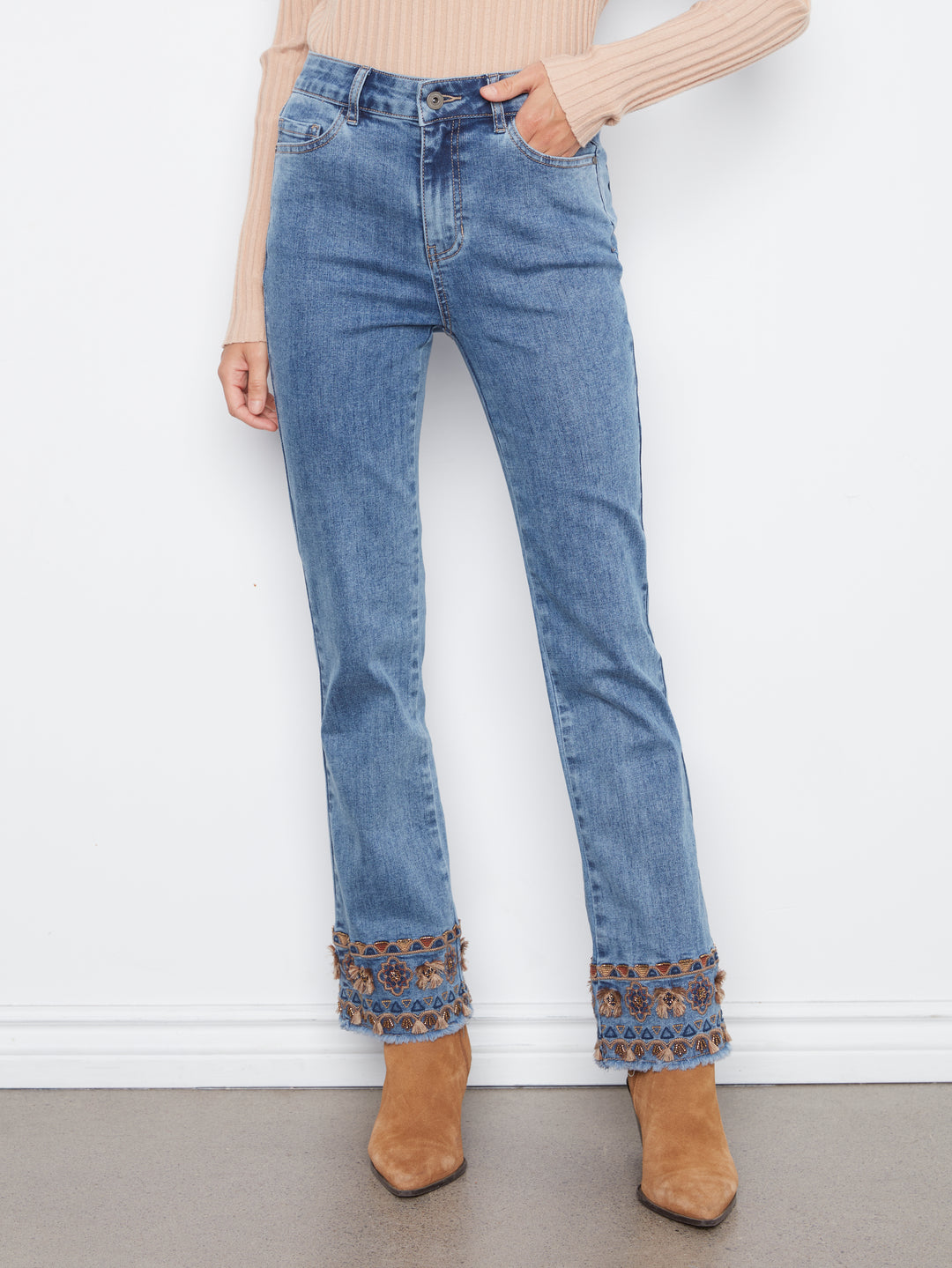 Flare Leg Pants With Embroidery At Hem