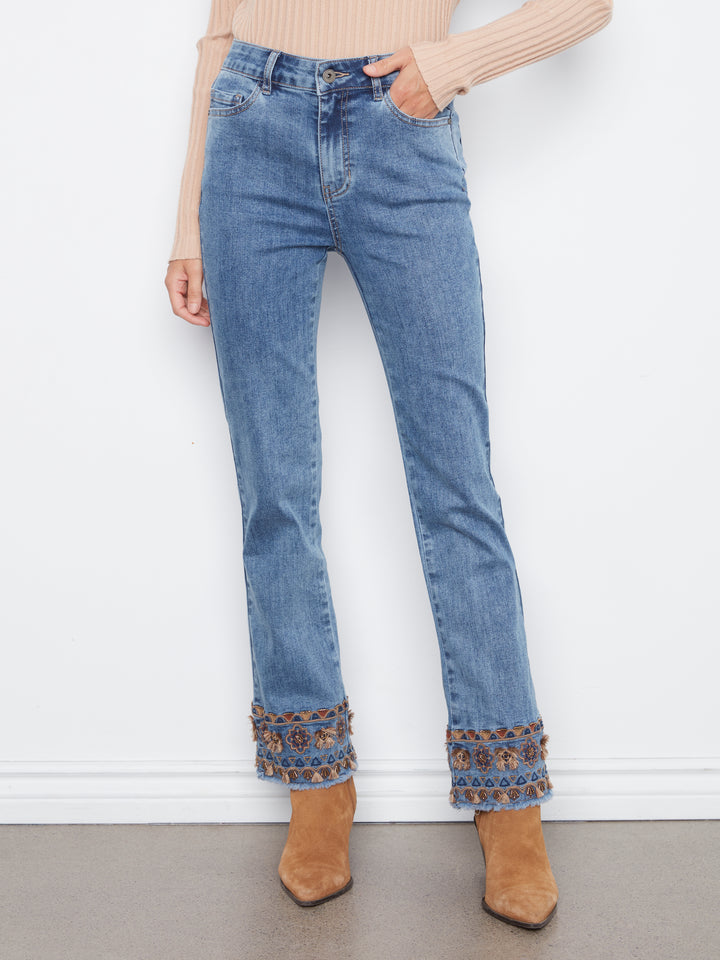 Flare Leg Pants With Embroidery At Hem