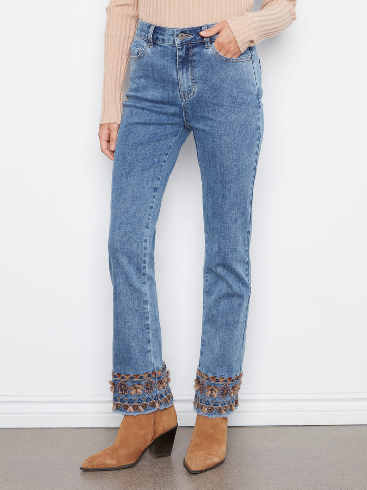 Flare Leg Pants With Embroidery At Hem