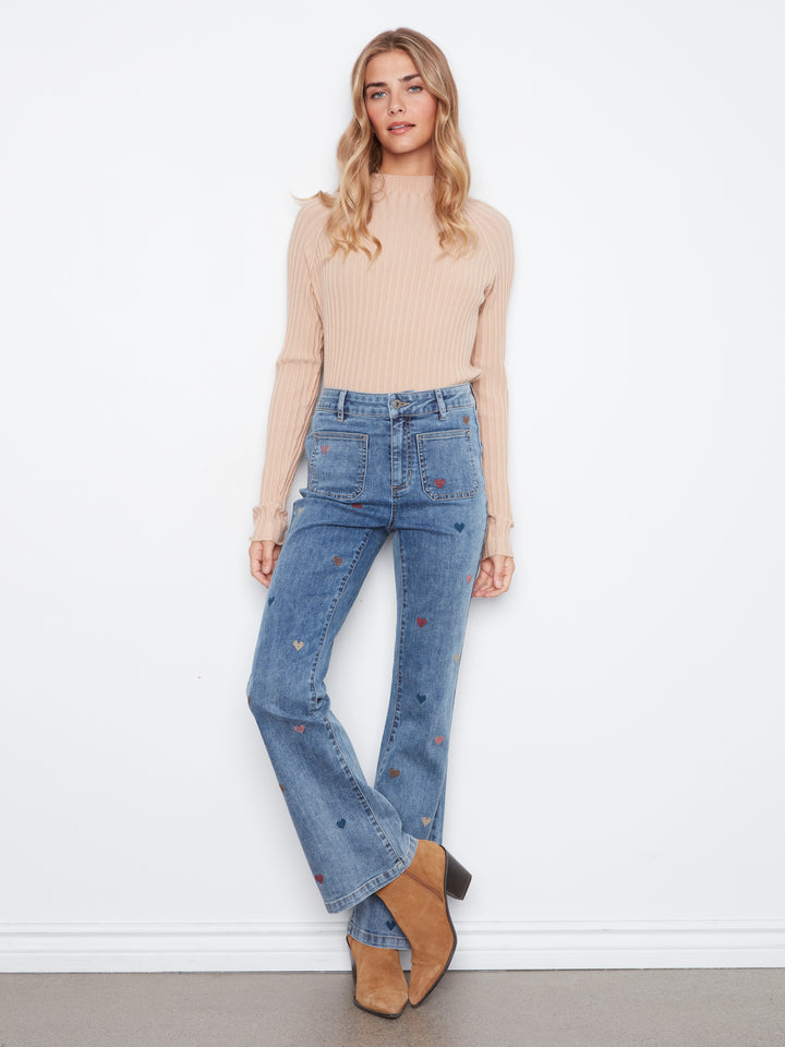 Flare Leg Pants With Patch Pockets And All Over Embroidery