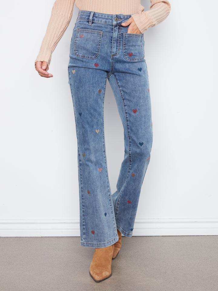 Flare Leg Pants With Patch Pockets And All Over Embroidery