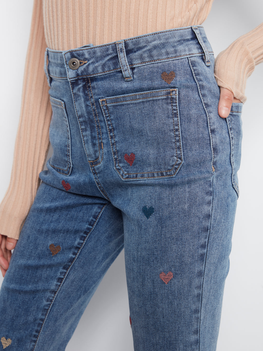 Flare Leg Pants With Patch Pockets And All Over Embroidery