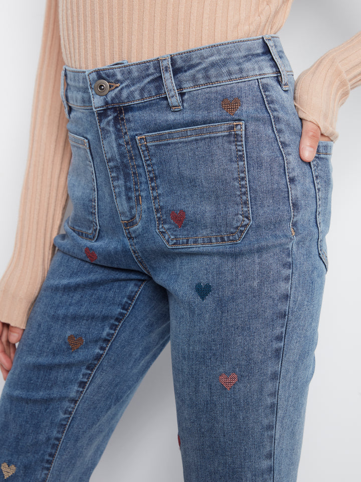Flare Leg Pants With Patch Pockets And All Over Embroidery