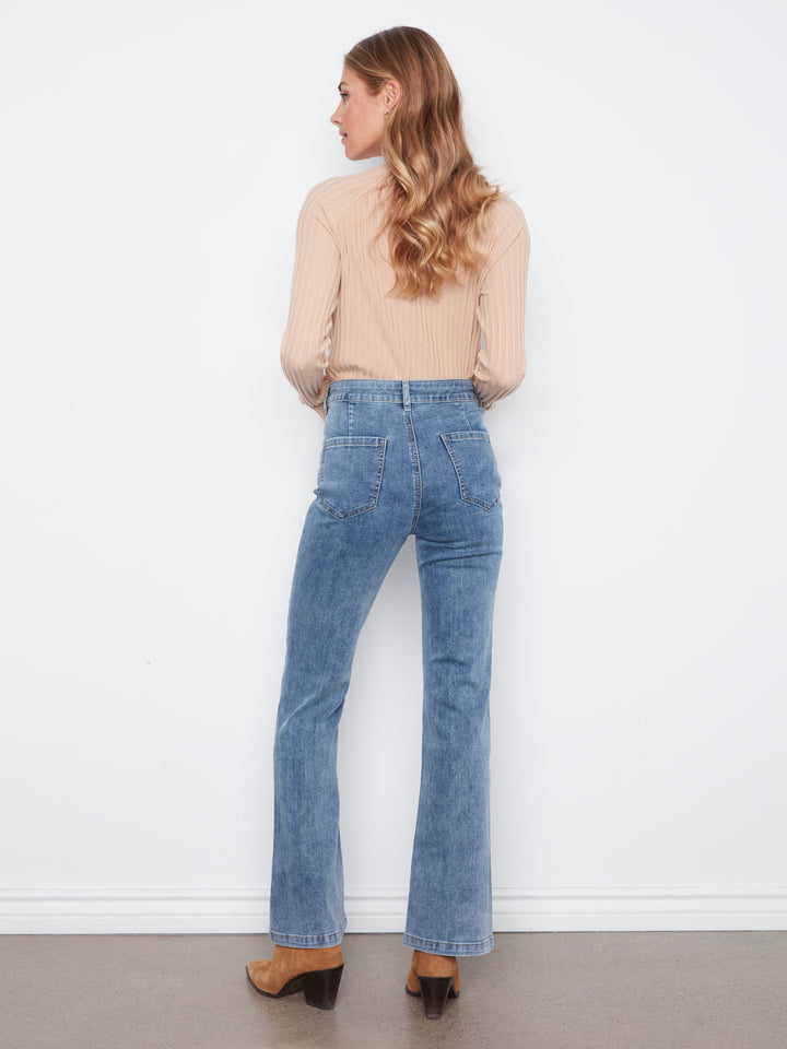 Flare Leg Pants With Patch Pockets And All Over Embroidery