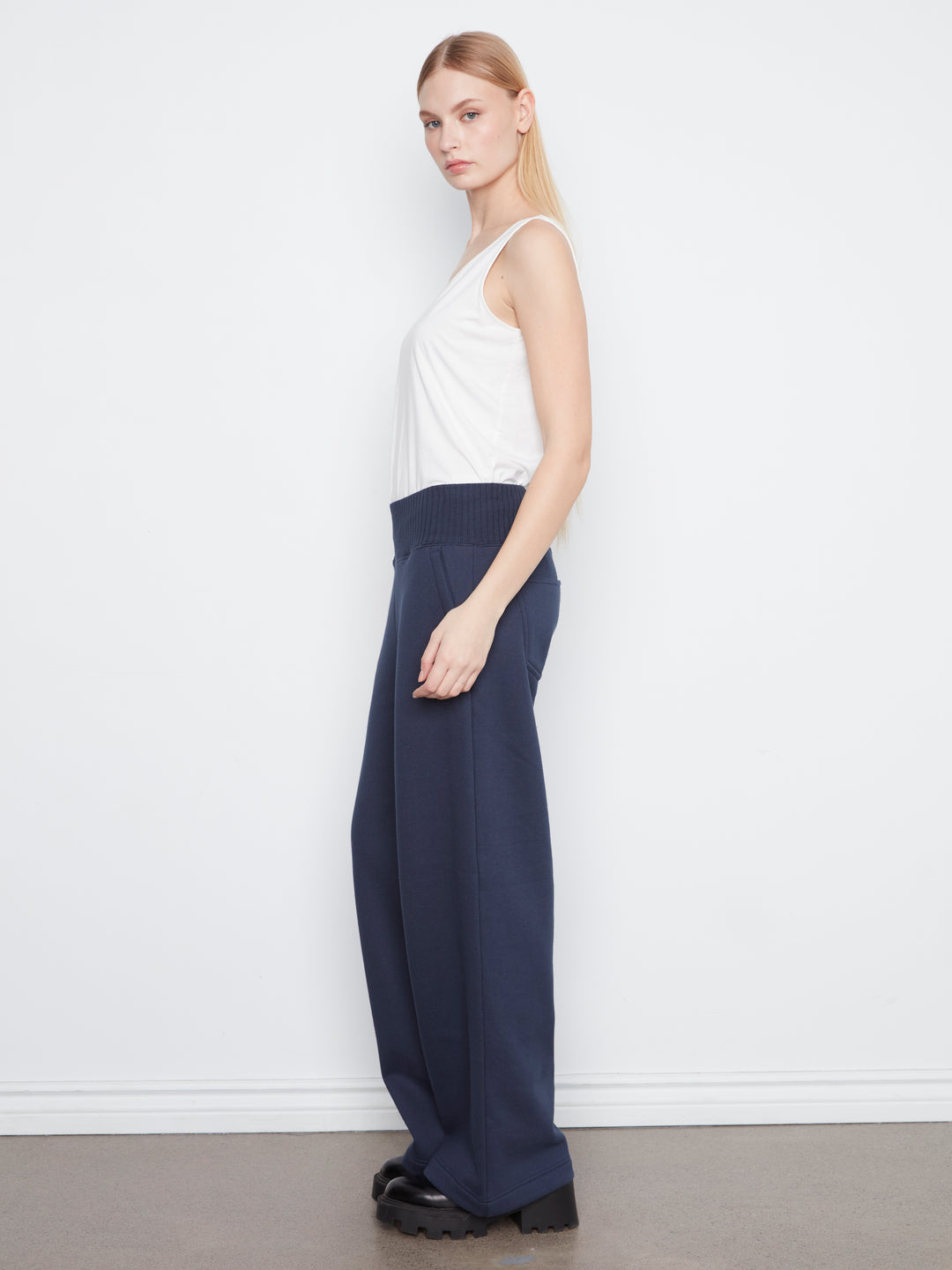 Wide Leg French Terry Pants With Elasticated Waistband