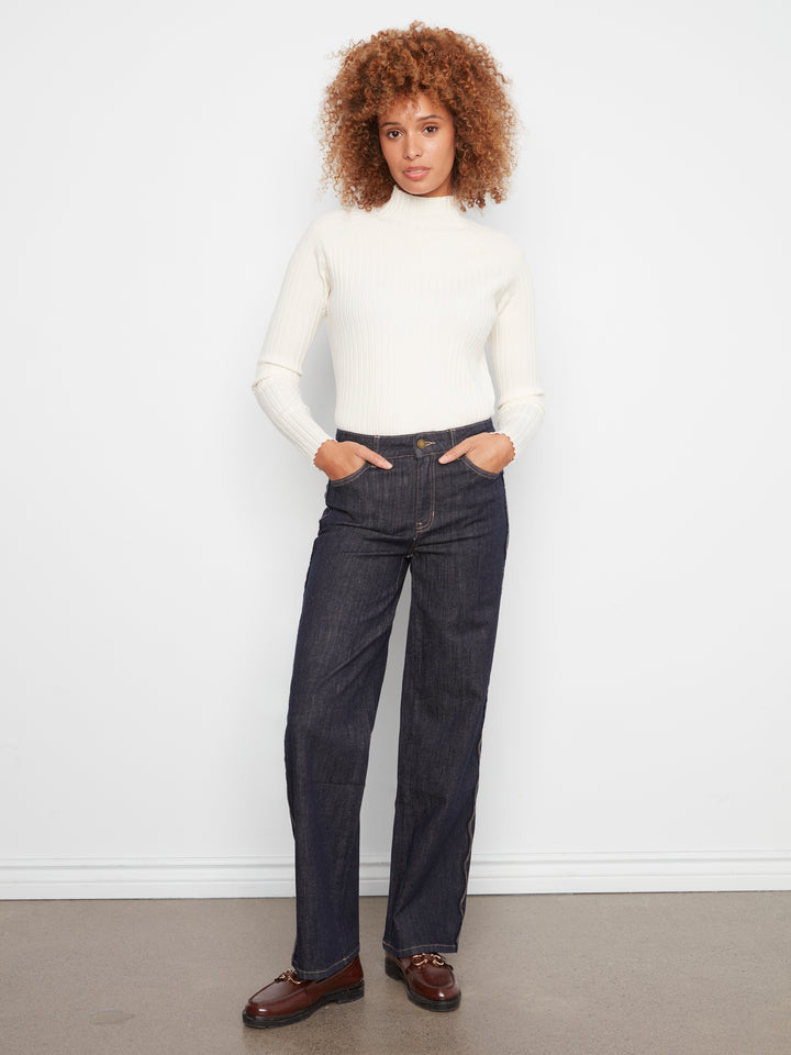 Straight Leg Pants with Scalloped Outseam and Raw Hem